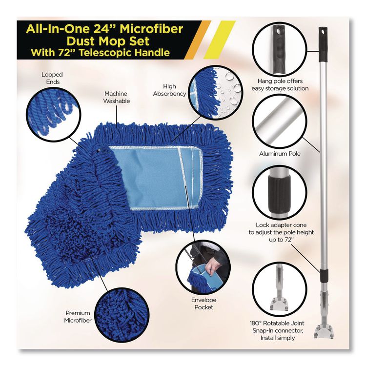All-In-One 24" Microfiber Dust Mop Set With 72" Telescopic Handle, 24" x 5", Blue, Microfiber Head, 72" Silver Handle, 4 Kits