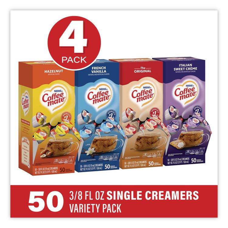Liquid Coffee Creamer, French Vanilla/Hazelnut/Italian Sweet Creme/Original, 0.38 oz Mini Cups, 200/Carton