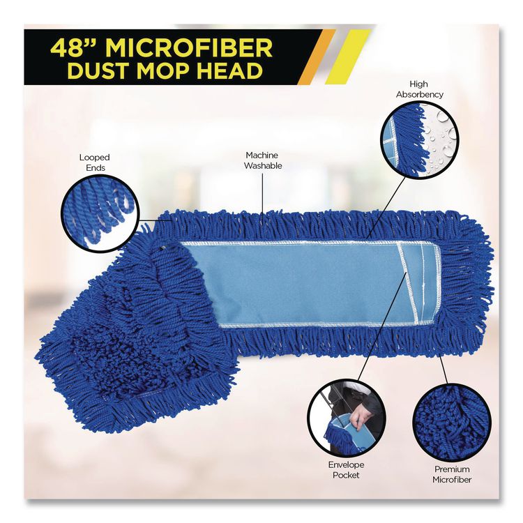 Microfiber Looped Dust Mop Pad Head, 48 x 5, Blue, 6/Pack