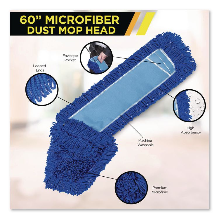 Microfiber Looped Dust Mop Pad Head, 60 x 5, Blue, 6/Pack