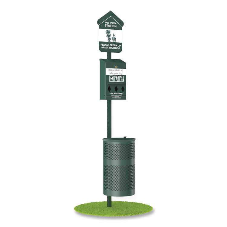 Pet Waste Station Kit with Roll Bag Locking Dispenser, 11.5 Gallon Round Lidded Trash Can, Pole, and Glow-in-the-Dark Sign