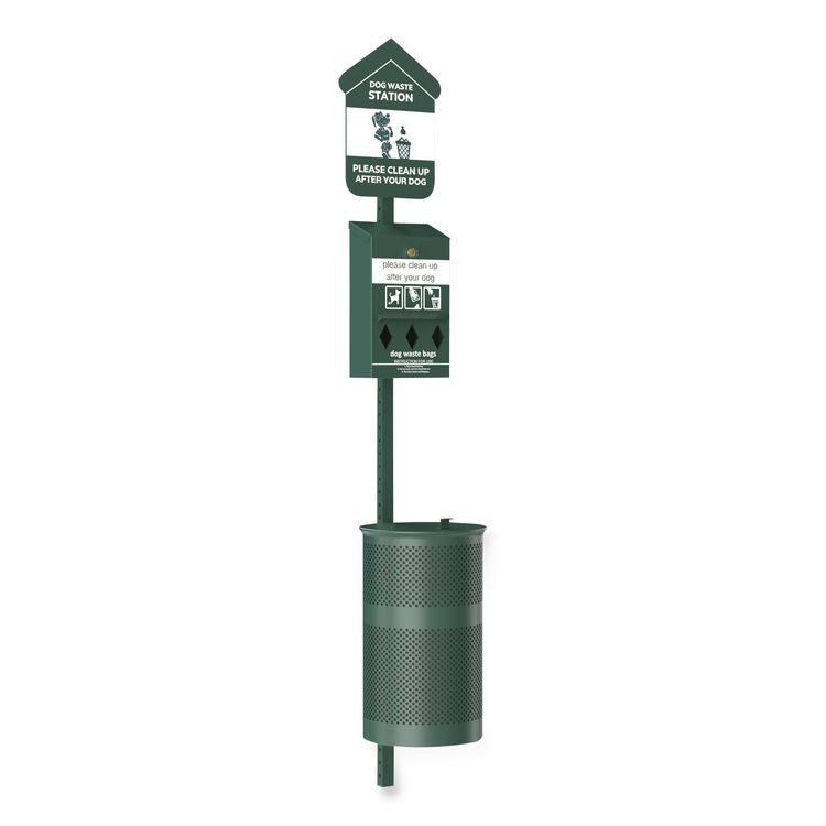 Pet Waste Station Kit with Roll Bag Locking Dispenser, 11.5 Gallon Round Lidded Trash Can, Pole, and Glow-in-the-Dark Sign
