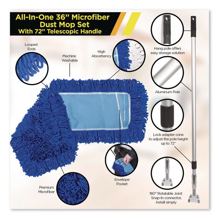 All-In-One Microfiber Dust Mop Set with Telescopic Handle, 36 x 5, Blue Microfiber Head, 72" Silver Aluminum Handle, 4/Kit
