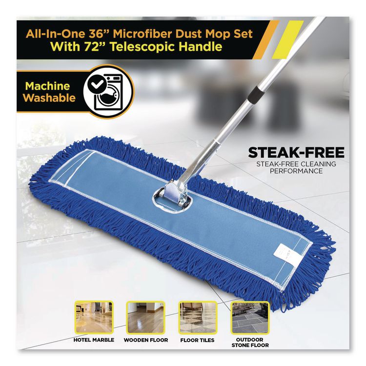 All-In-One Microfiber Dust Mop Set with Telescopic Handle, 36 x 5, Blue Microfiber Head, 72" Silver Aluminum Handle, 4/Kit