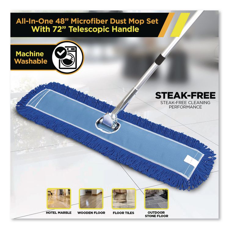 All-In-One Microfiber Dust Mop Set with Telescopic Handle, 48 x 5, Blue Microfiber Head, 40" to 72" Silver Aluminum Handle