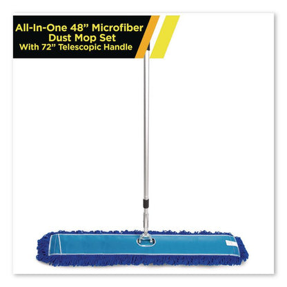 All-In-One Microfiber Dust Mop Set with Telescopic Handle, 48 x 5, Blue Microfiber Head, 40" to 72" Silver Aluminum Handle