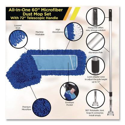 All-In-One Microfiber Dust Mop Set with Telescopic Handle, 60 x 5, Blue Microfiber Head, 40" to 72" Silver Aluminum Handle