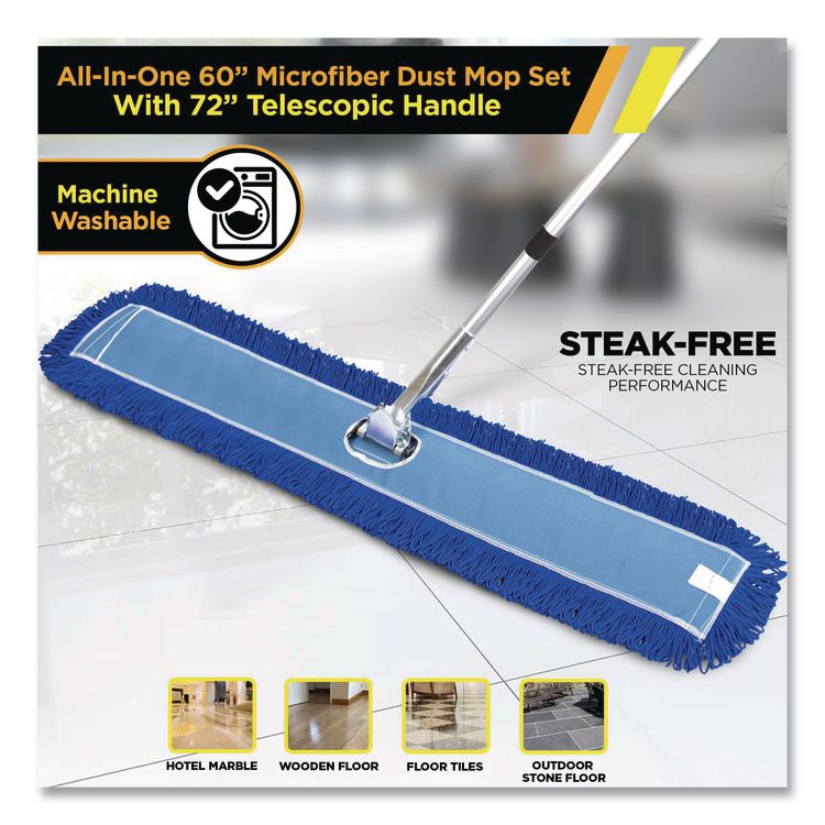 All-In-One Microfiber Dust Mop Set with Telescopic Handle, 60 x 5, Blue Microfiber Head, 72" Silver Aluminum Handle, 4/Kit