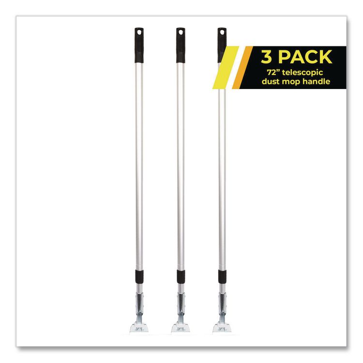 72" Aluminum Telescopic Dust Mop Handle, 1" dia x 42" to 72", Silver, 3/Pack