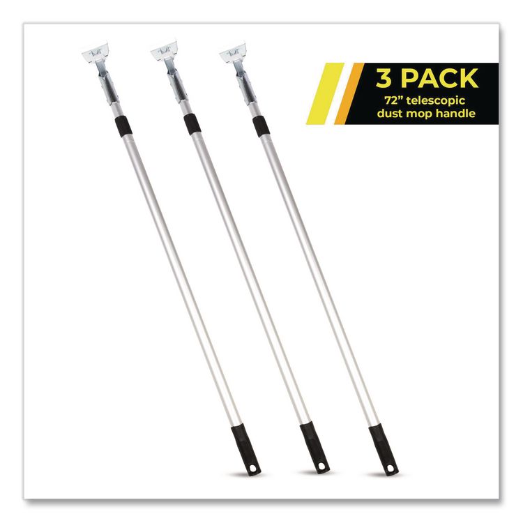 72" Aluminum Telescopic Dust Mop Handle, 1" dia x 42" to 72", Silver, 3/Pack