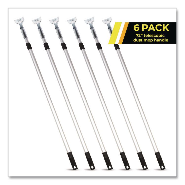 72" Aluminum Telescopic Dust Mop Handle, 1" dia x 42" to 72", Silver, 6/Pack