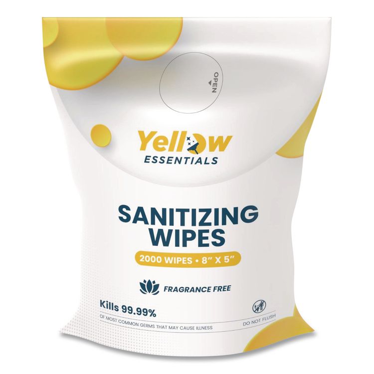Yellow Essentials Sanitizing Wipes, 5 x 8, Unscented, White, 2,000 Wipes