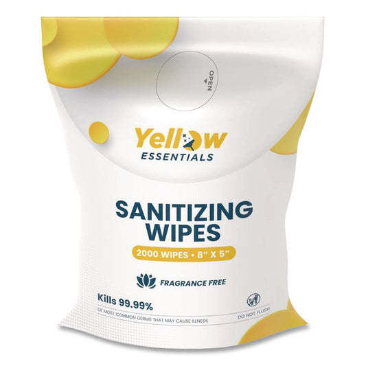 Yellow Essentials Sanitizing Wipes, 5 x 8, Unscented, White, 2,000 Wipes