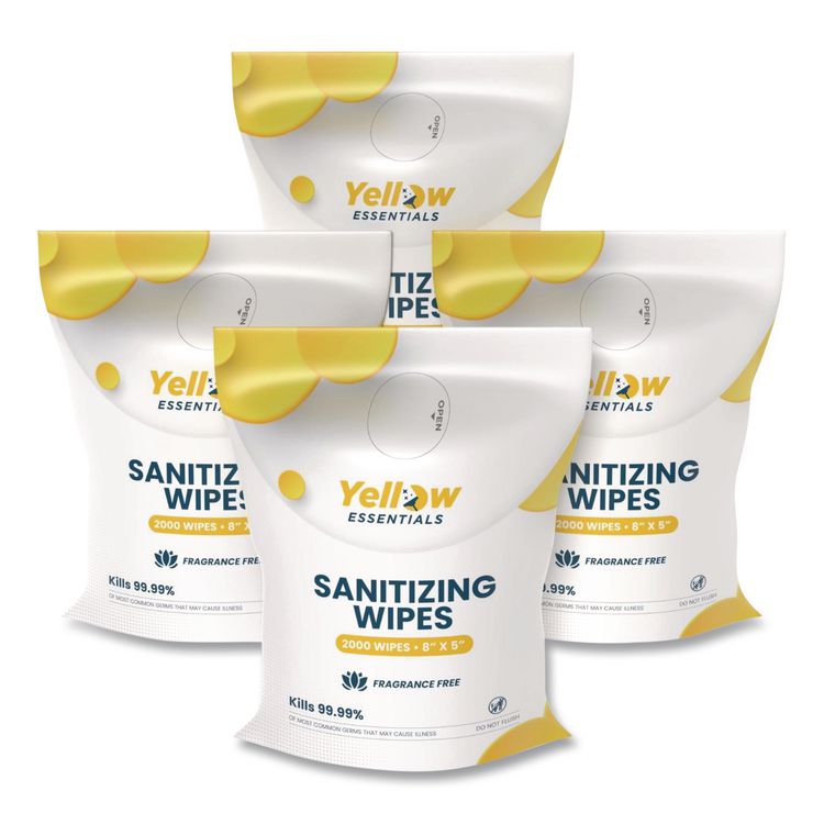 Yellow Essentials Sanitizing Wipes, 5 x 8, Unscented, White, 2,000/Refill Bag, 4 Refill Bags/Carton