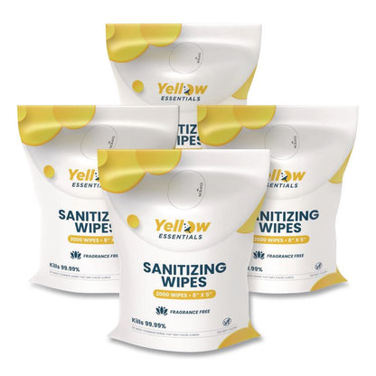 Yellow Essentials Sanitizing Wipes, 5 x 8, Unscented, White, 2,000/Refill Bag, 4 Refill Bags/Carton