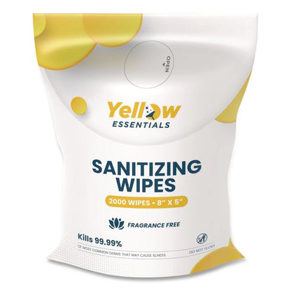Yellow Essentials Sanitizing Wipes, 5 x 8, Unscented, White, 2,000/Refill Bag, 4 Refill Bags/Carton