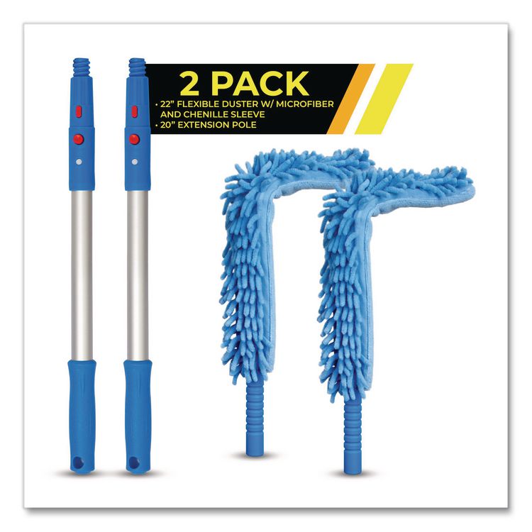 Flexible Wand Duster with Microfiber and Chenille Sleeve and 20" Pole, 2/Kit