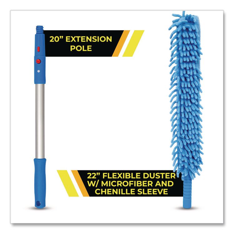 Flexible Wand Duster with Microfiber and Chenille Sleeve and 20" Pole, 3/Kit