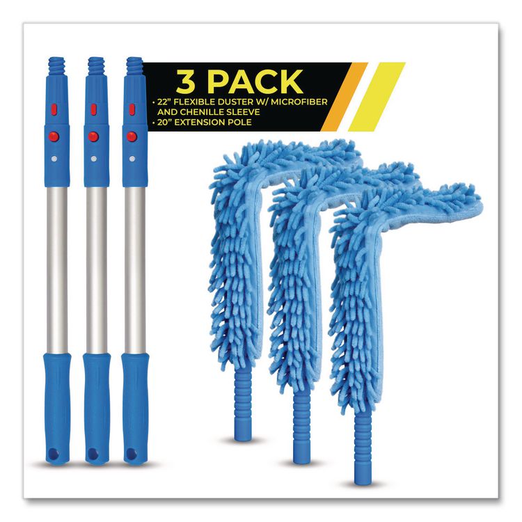 Flexible Wand Duster with Microfiber and Chenille Sleeve and 20" Pole, 3/Kit