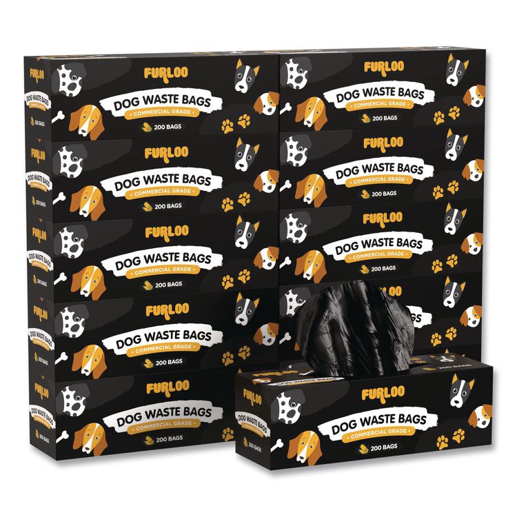 Commercial Grade Dog Waste Station Refill Bags, Open-Face, 8" x 13", Black, 200 Bags/Roll, 10/Carton