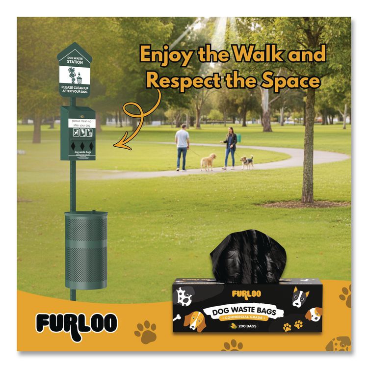 Commercial Grade Dog Waste Station Refill Bags, Open-Face, 8" x 13", Black, 200 Bags/Roll, 10/Carton