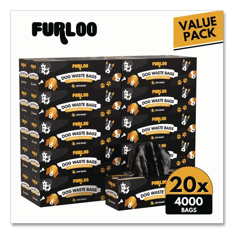 Commercial Grade Dog Waste Station Refill Bags, Open-Face, 8" x 13", Black, 200 Bags/Roll, 20/Carton