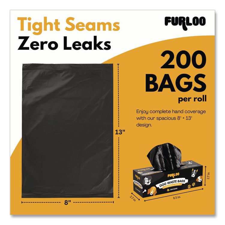 Commercial Grade Dog Waste Station Refill Bags, Open-Face, 8" x 13", Black, 200 Bags/Roll, 20/Carton