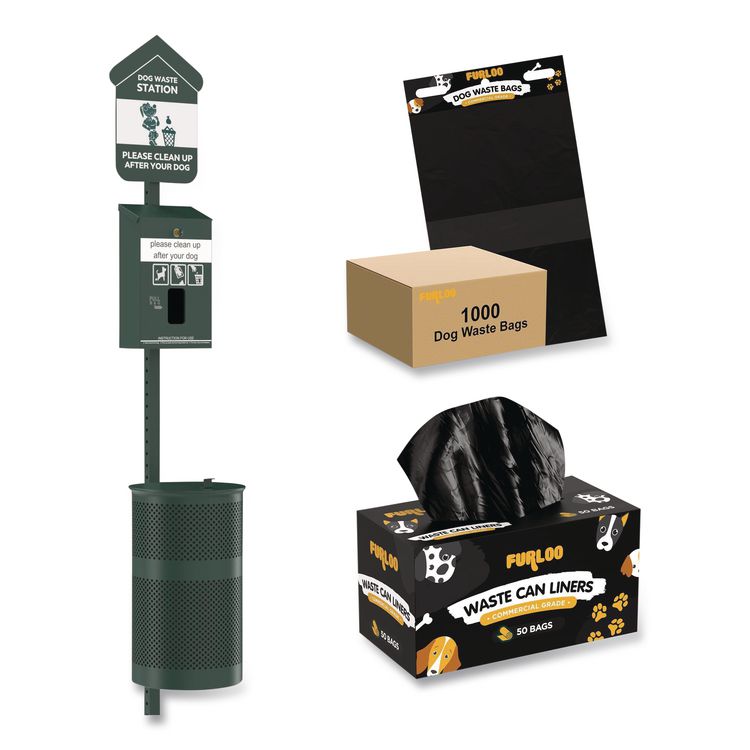 Pet Waste Station Starter Kit with Header Bag Dispenser, Bags and Liners, 11.5 gal, Top Door, Green