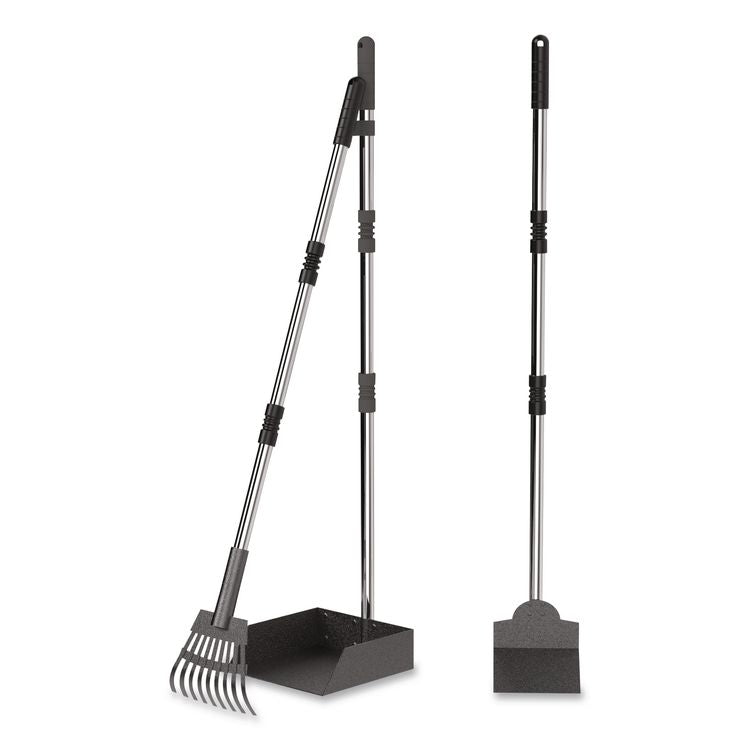 Dog Pooper Scooper Set with Heavy-Duty Metal Tray, Rake and Spade, 37.8" Length Black/Silver