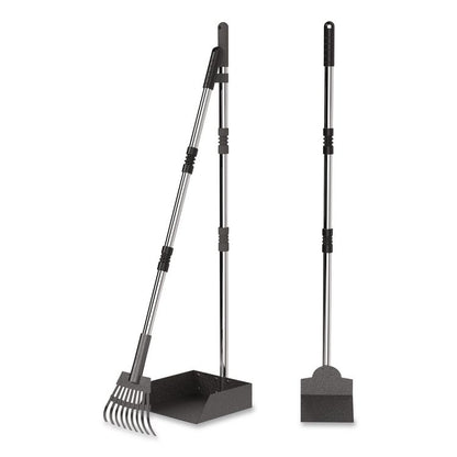 Dog Pooper Scooper Set with Heavy-Duty Metal Tray, Rake and Spade, 37.8" Length Black/Silver