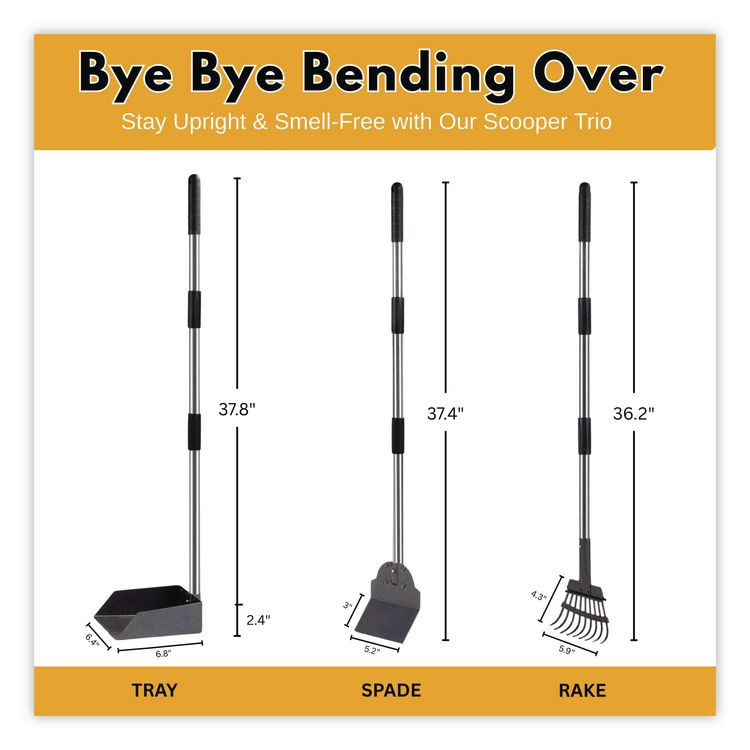 Dog Pooper Scooper Set with Heavy-Duty Metal Tray, Rake and Spade, 37.8" Length Black/Silver