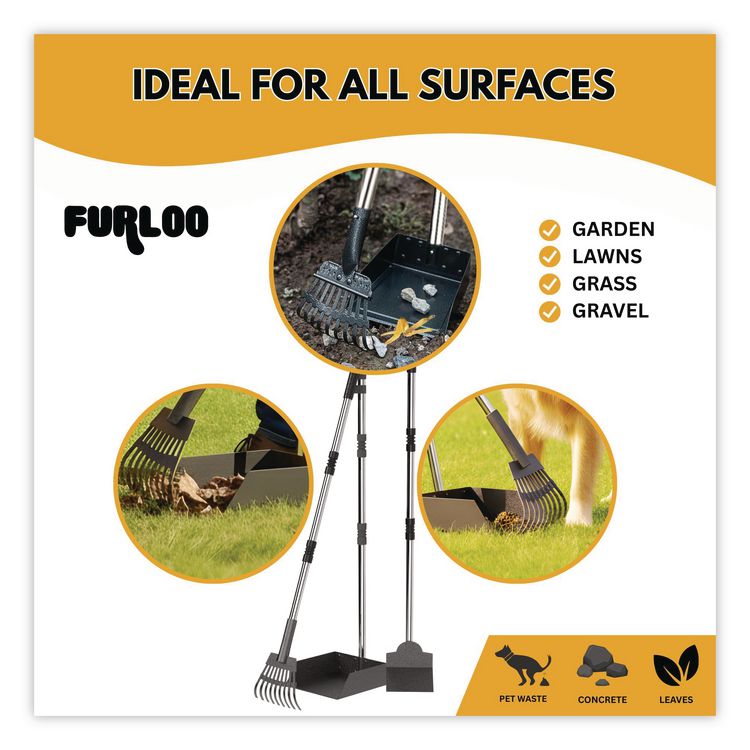 Dog Pooper Scooper Set with Heavy-Duty Metal Tray, Rake and Spade, 37.8" Length Black/Silver
