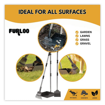 Dog Pooper Scooper Set with Heavy-Duty Metal Tray, Rake and Spade, 37.8" Length Black/Silver