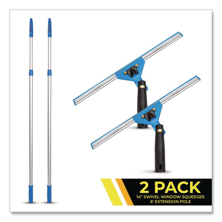 Pro Window Washing Kit with Swivel Squeegee and 6 ft Telescopic Pole, 14" Wide Blade, 2/Kit