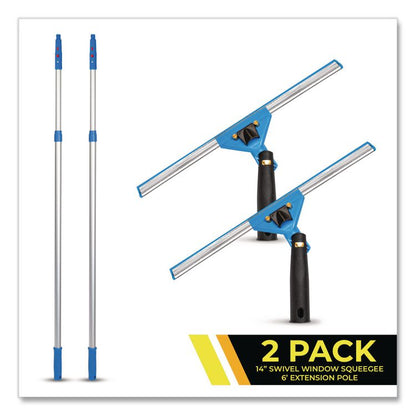 Pro Window Washing Kit with Swivel Squeegee and 6 ft Telescopic Pole, 14" Wide Blade, 2/Kit