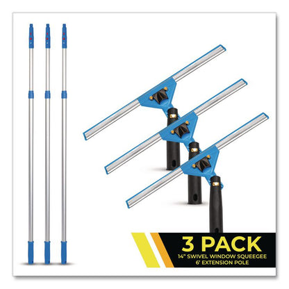 Pro Window Washing Kit with Swivel Squeegee and 6 ft Telescopic Pole, 14" Wide Blade, 3/Kit
