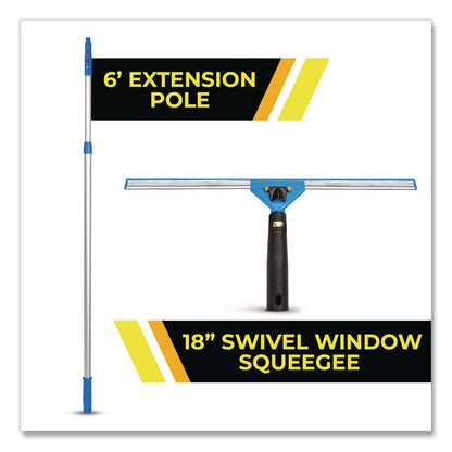 Pro Window Washing Kit with Swivel Squeegee and 6 ft Telescopic Pole, 18" Wide Blade