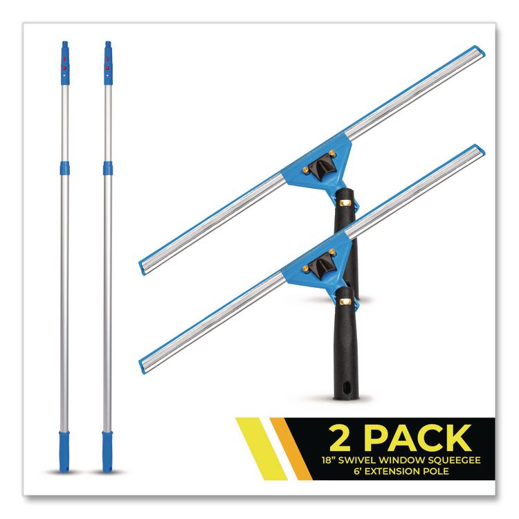 Pro Window Washing Kit with Swivel Squeegee and 6 ft Telescopic Pole, 18" Wide Blade, 2/Kit