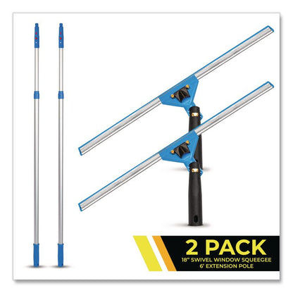 Pro Window Washing Kit with Swivel Squeegee and 6 ft Telescopic Pole, 18" Wide Blade, 2/Kit