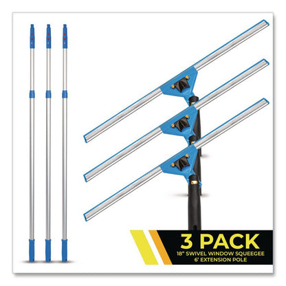 Pro Window Washing Kit with Swivel Squeegee and 6 ft Telescopic Pole, 18" Wide Blade, 3/Kit