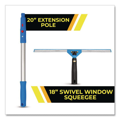 Pro Window Washing Kit with Swivel Window Squeegee and 20" Pole, 18" Wide Blade