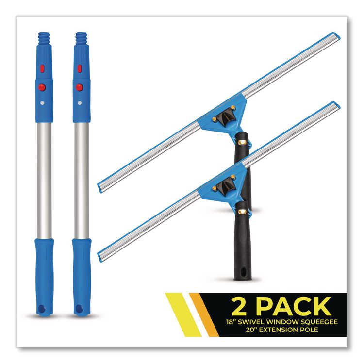 Pro Window Washing Kit with Swivel Window Squeegee and 20" Pole, 18" Wide Blade, 2/Kit