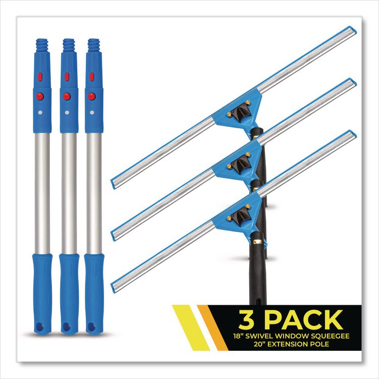 Pro Window Washing Kit with Swivel Window Squeegee and 20" Pole, 18" Wide Blade, 3/Kit