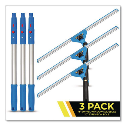 Pro Window Washing Kit with Swivel Window Squeegee and 20" Pole, 18" Wide Blade, 3/Kit