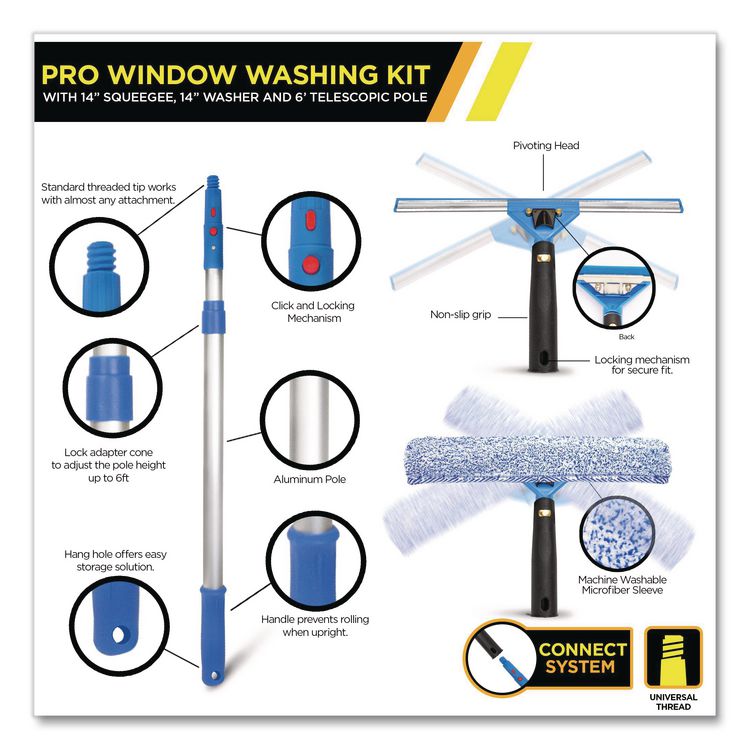 Pro Window Washing Kit with Squeegee, Washer and 6 ft Telescopic Pole, 14" Wide