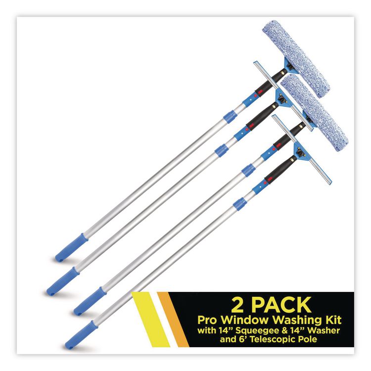 Pro Window Washing Kit with Squeegee, Washer and 6 ft Telescopic Pole, 14" Wide, 2/Kit