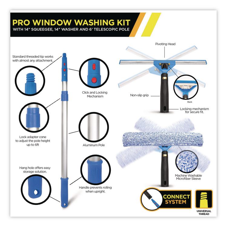 Pro Window Washing Kit with Squeegee, Washer and 6 ft Telescopic Pole, 14" Wide, 2/Kit