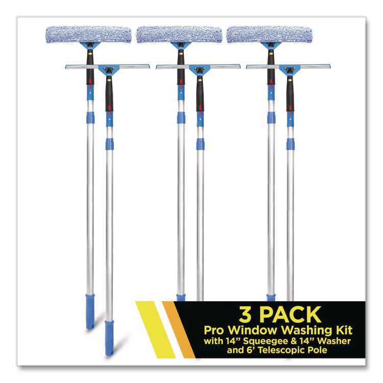 Pro Window Washing Kit with Squeegee, Washer and 6 ft Telescopic Pole, 14" Wide, 3/Kit