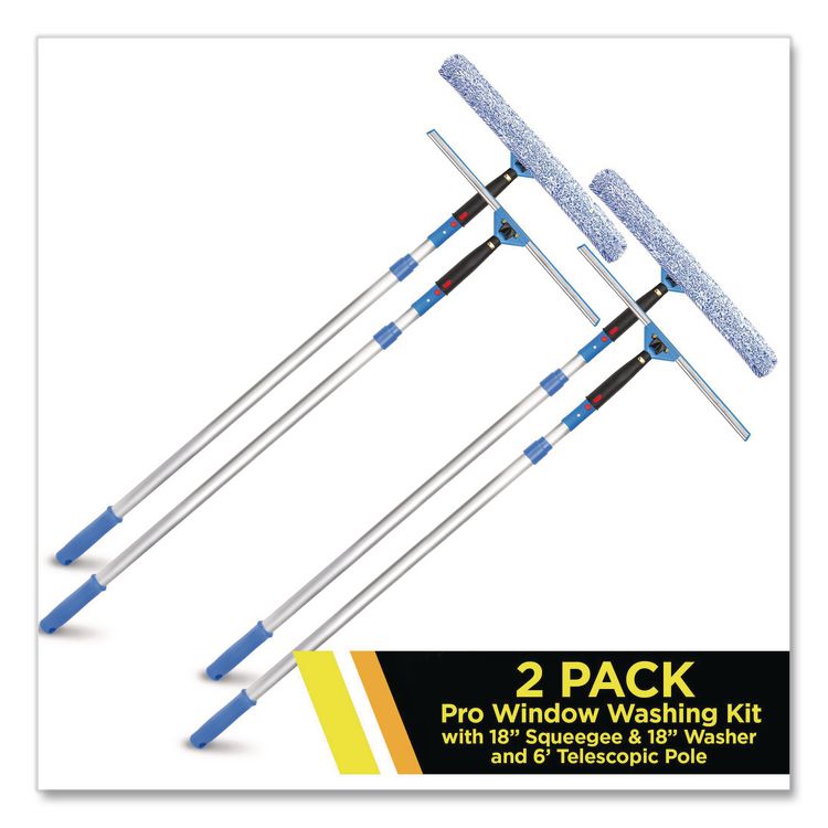 Pro Window Washing Kit with Squeegee, Washer and 6 ft Telescopic Pole, 18" Wide Blade, 2/Kit