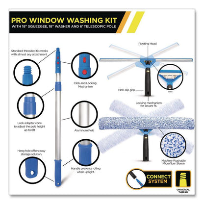 Pro Window Washing Kit with Squeegee, Washer and 6 ft Telescopic Pole, 18" Wide Blade, 2/Kit